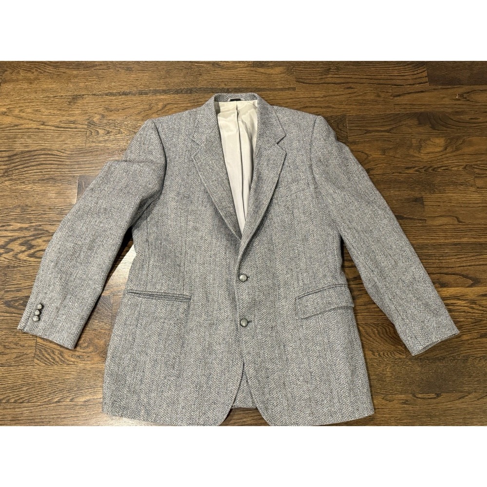 Harringbone Sport Coat Blazer‎ 44L Mens Grey Suit Jacket